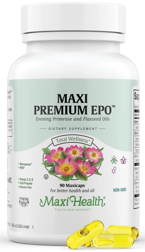 [BRSWIYAKCUOQ2CLA] Maxi Health Women's Organic Evening Primrose Oil Capsules 1500mg - EPO Gamma Linolenic Acid Supplement - PMS & Hot Flashes Menopause Relief - GLA Hormonal Acne Supplements (90 Count)
