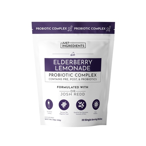 [BRSREGL7BYGQGHL3] JUST INGREDIENTS Elderberry Lemonade 3-in-1 Probiotic Complex - Prebiotics, Probiotics & Postbiotics - 30 Sticks