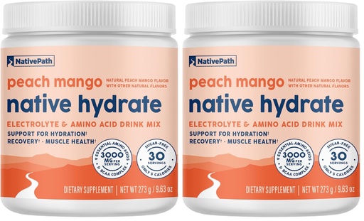 [BRSRGBQDDEHAGAL3] NativePath Native Hydrate, Zero Sugar, Electrolytes Powder with BCAAs, Peach Mango Hydration, Keto & Paleo Friendly, 30 Servings (Pack of 2)