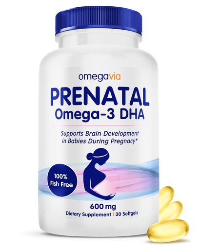 [BRSREGIPCUNR62D4] OmegaVia Prenatal DHA 600mg | Fish-Free Omega-3 Supplement | Supports Baby’s Brain, Eye & Nervous System Development | Safe for Pregnancy & Lactation | 30 Easy-to-Swallow Softgels
