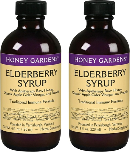 [BRSWIYYMOMIBUFD4] Honey Gardens Elderberry Syrup with Grade A Raw Honey, Propolis, Organic ACV & Elderberries | Traditional Immune Formula w/Echinacea | Made in The USA (4oz, 2pk)
