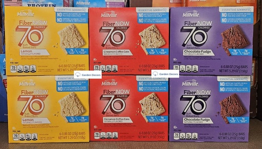 [BRSRAGQ6AABBGYL4] Fiber NOW Millville 70 Calories Soft Baked Bars Lemon, Chocolate Fudge, Cinnamon Coffee Cake 5.29oz 150g (Six Boxes)
