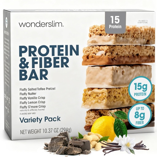 [BRSWYBIDCMBQK3TO] Wonderslim High Fiber Protein Bars, Variety Pack | 15g Protein, 8g Fiber | Low Sugar, Low Carb | Healthy Indulgence | Satisfying, Supports Energy & On-the-Go Convenience, 7 Pack