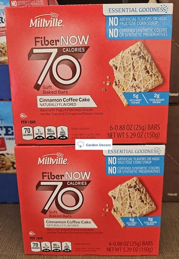 [BRSRAGQ6AQPQ4YDB] Fiber NOW Millville 70 Calories Soft Baked Bars Cinnamon Coffee Cake 5.29oz 150g (Two Boxes)