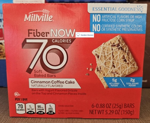 [BRSRAGQ6AQMWEGT3] Fiber NOW Millville 70 Calories Soft Baked Bars Cinnamon Coffee Cake 5.29oz 150g