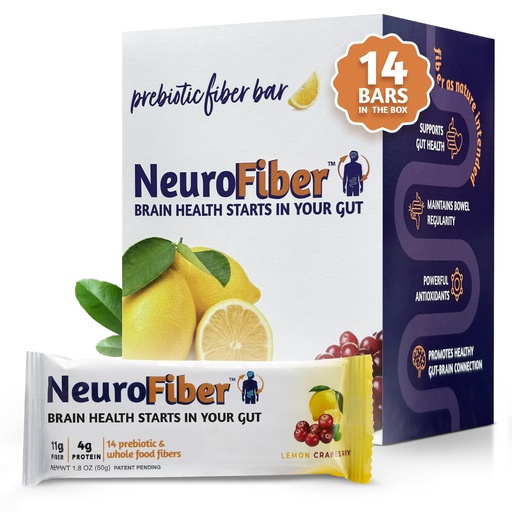 [BRSREAQRC4MAMYD4] NeuroFiber Prebiotic High Fiber Bars – Gut Health, Bowel Regularity & Brain Function Support – Plant-Based, Gluten Free, Vegan (Pack of 14, Lemon Cranberry)