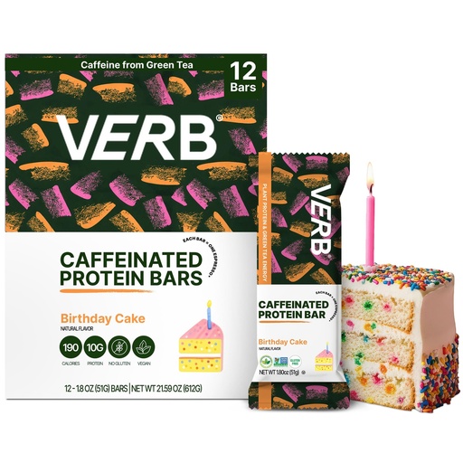 [BRSROCQYOEMA4H3P] Verb Energy - Caffeinated Protein Bars Birthday Cake 10g Plant Based Protein Bars High Protein - Vegan Snack - Gluten Free Breakfast Snack with Organic Green Tea, 51g (Pack of 12)