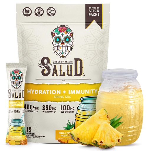 [BRSRMGI7BMFBAADF] Salud 2-in-1 Hydration Packets + Immunity Electrolytes Powder, Pineapple - Agua Fresca Drink Mix, Elderberry, Dairy & Soy Free, Non-GMO, Gluten Free, Vegan, Low Calorie, 1g Sugar (15 Servings)