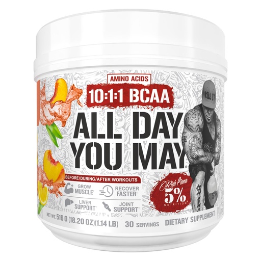 [BRSRGYIQBYORUD3H] 5% Nutrition Rich Piana AllDayYouMay BCAA Powder Premium Intra & Post Workout Amino Acids, Hydration, Endurance, Muscle Recovery, Joint & Liver | 18.2 oz, 30 Srvgs (Peach Tea)