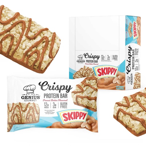 [BRSREHQPCF5QAHIZ] Genius Gourmet SKIPPY® Peanut Butter Flavored Crispy Protein Bars,12g Protein per serving (24% DV), 3g Sugar, Delicious Snack Bar, Gluten Free – 10 Count