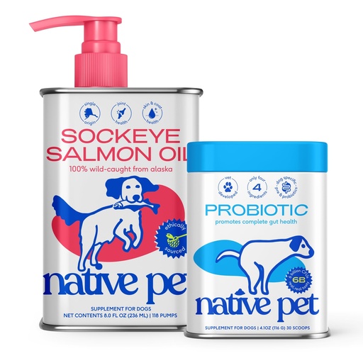 [BRSREYD4OEMRSH35] Native Pet Probiotic Powder for Dogs (4.1 Oz.) and Sockeye Salmon Oil for Dogs and Cats (8 Oz.) - Probiotics Powder for Digestive Health & Pure Omega-3 Fish Oil Supplement for Over All Health
