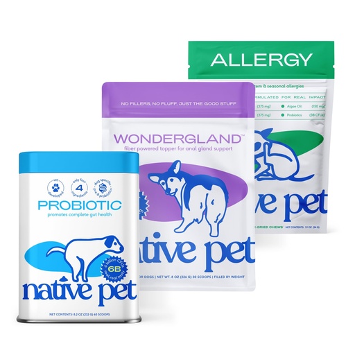 [BRSREYA5CUMWC3LL] Native Pet WonderGland (30 Scoops), Probiotic (60 Scoops), & Allergy Chews (30 Air-Dried Chews) - Anal Gland Treatment for Dogs, Gut Health Supplement & Allergy Relief Bundle