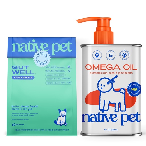 [BRSREAABAAIQEHQ3] Native Pet Fresh Breath & Skin Support Bundle: 60 Scoops GutWell Clean Breath - Dog Breath Freshener & 8 Oz. Omega 3 Fish Oil for Dogs & Cats - Promotes Healthy Skin, Shiny Coat, & Strong Joints
