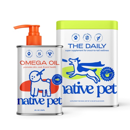 [BRSREYAZBZ5QEC34] Native Pet Pack Leaders Bundle - Daily Multivitamin (60 Scoops) & Omega Oil for Dogs (8 Oz.) - Omega 3 Fish Oil for Healthy Skin, Shiny Coat, & Strong Joints & Daily Multivitamin for Dogs