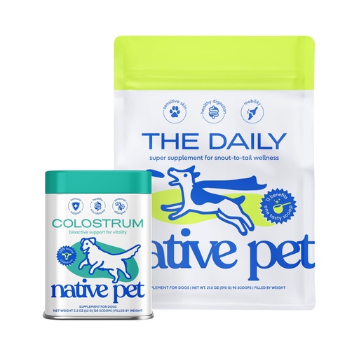 [BRSREYLYAEHAYYDH] Native Pet Super Pup Bundle: Colostrum for Dogs (120 Scoops) & The Daily Dog Multivitamins (90 Scoops) - Bovine Colostrum Powder & 11-in-1 Multivitamin for Pups of All Breeds, Size, & Ages