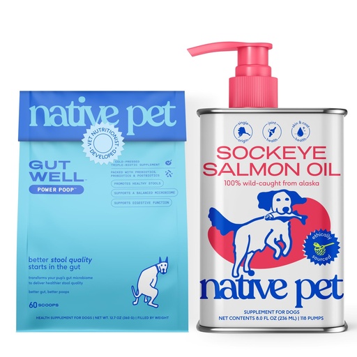 [BRSREAAHBV5RA2Q7] Native Pet Healthy Belly, Shiny Coat Bundle: 60 Scoops GutWell Power Poop - Digestive Enzymes & Fiber for Dogs & 8 Oz. Salmon Oil for Dogs & Cats – Pure Omega-3 Fish Oil for Overall Health