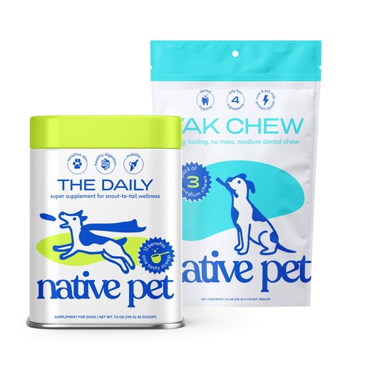 [BRSREYAZA4FA4YAZ] Native Pet The Daily Dog Vitamins & Supplements (30 Scoops) & Yak Chews (3 Medium Chews) - All Natural Dental Stick Made with Yak Cheese for Aggressive Chewers & 11-in-1 Multivitamin for Dogs