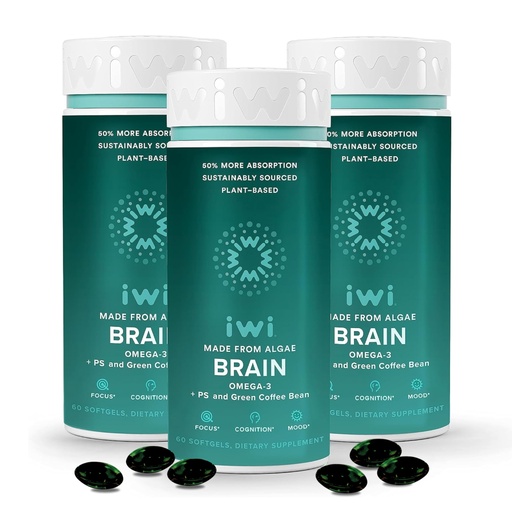 [BRSROZAHCUOWGELL] iwi life Brain Omega-3, 180 Softgels (90 Servings), Vegan Plant-Based Algae Omega-3 with EPA + DHA, Focus, Memory and Mood Support Dietary Supplement, Krill & Fish Oil Alternative, No Fishy Aftertaste