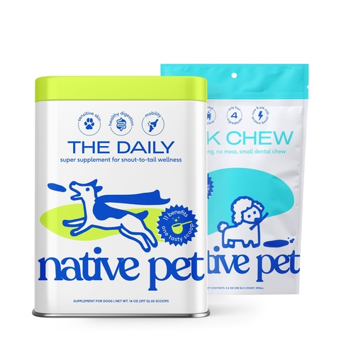 [BRSREYAZCENWK2DV] Native Pet The Daily Dog Vitamins & Supplements (60 Scoops) & Yak Chews (5 Small Chews) - All Natural Dental Stick Made with Yak Cheese for Aggressive Chewers & 11-in-1 Multivitamin for Dogs