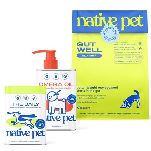 [BRSREBQZBMPG2FY2] Native Pet Slim & Wellness Trio: 60 Scoops GutWell Trim Down Dog Weight Loss Supplement, 30 Scoops 11-in-1 Vitamins & Supplements & 8 Oz Omega 3 Fish Oil for Dogs & Cats