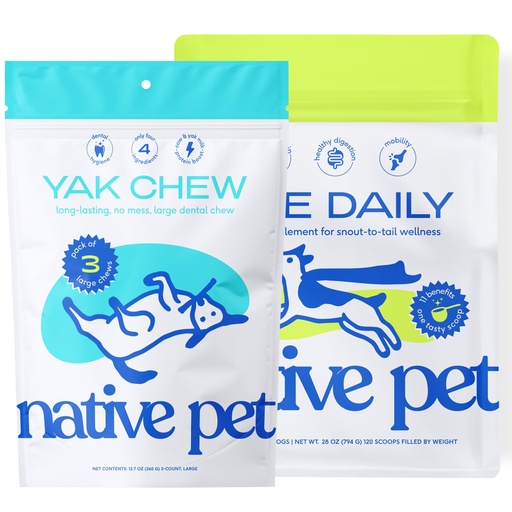 [BRSREYA5CMIBMC3V] Native Pet The Daily Dog Vitamins & Supplements (120 Scoops) & Yak Chews (3 Large Chews) - All Natural Dental Stick Made with Yak Cheese for Aggressive Chewers & 11-in-1 Multivitamin for Dogs