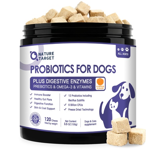 [BRSREFDQDIPQEDQY] NATURE TARGET Probiotics for Dogs, 6 Billion Dog Probiotics with Prebiotics & Enzymes for Digestive & Gut Health, Pumpkin, Omega-3 & Multivitamins for Itchy Skin, Allergies, 120 Dogs Probiotics Chews