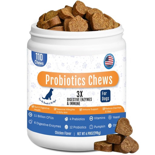 [BRSRGFA6O4HRM3TZ] Probiotics for Dogs Dog Probiotic Chews for Yeast Gut Digestive & Immune Health, Itch Relief Ears Skin & Coat with 11Billion CFU Probiotics, 6 Enzymes& 4 Prebiotics, Pumpkin, Omegas & Vitamins,110ct