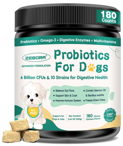 [BRSRABIPOIPQ2FL5] Probiotics for Dogs, Dog Probiotics with Digestive Enzymes, Prebiotics, Omega-3 & 6 and Vitamin for Dogs Digestive Health, 6 Billion CFUs for Gut Health and Immune Support, 180 Freeze-Dried Chews