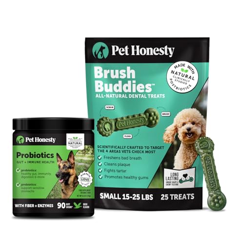 [BRSRGC33PMIR6DQY] Pet Honesty Dog Wellness Virtual Bundle – Probiotics Supplement (Duck, 90 Ct) + Brush Buddies Dental Sticks for Small Dogs (25 Ct) – Digestive & Dental Support
