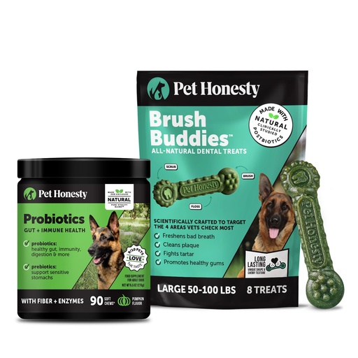 [BRSRGC33AFYWOCTB] Pet Honesty Dog Wellness Virtual Bundle – Probiotics Supplement (Pumpkin, 90 Ct) + Brush Buddies Dental Sticks for Large Dogs (8 Ct) – Digestive & Dental Support