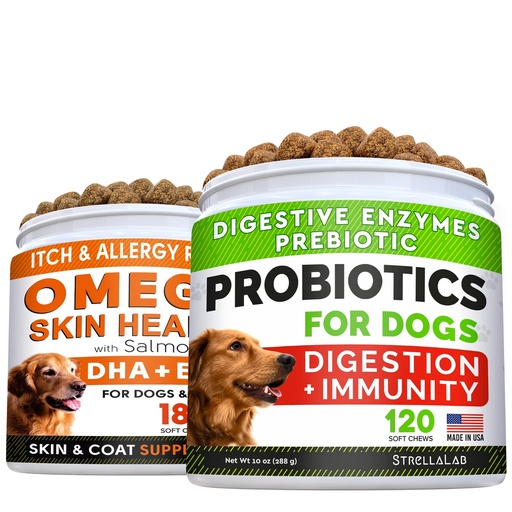 [BRSW2FQLCV6BOCTK] Fish Oil Omega 3 Treats for Dogs + Dog Probiotics Treats for Picky Eaters Bundle - Allergy Relief, Joint Health, Itch Relief. Skin & Coat Supplement + Enzymes + Prebiotics for Digestion Support