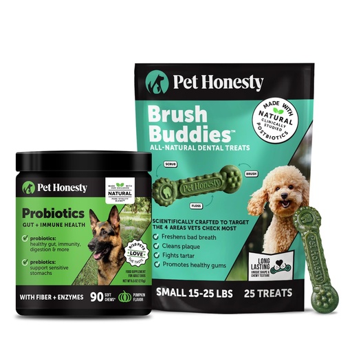 [BRSRGC33AF7QEEL5] Pet Honesty Dog Wellness Virtual Bundle – Probiotics Supplement (Pumpkin, 90 Ct) + Brush Buddies Dental Sticks for Small Dogs (25 Ct) – Digestive & Dental Support