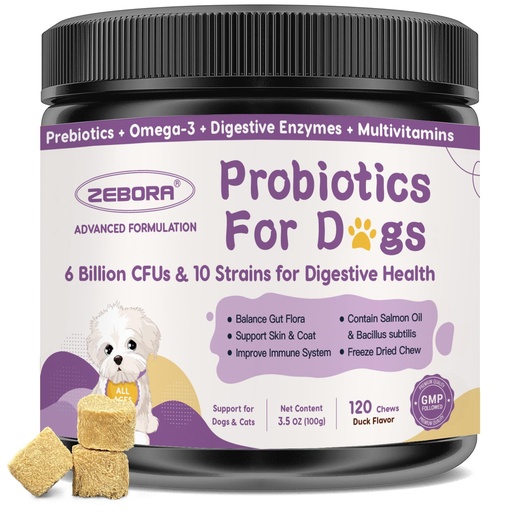 [BRSRABIROR5BS3QV] Probiotics for Dogs – 6 Billion CFUs & 10 Strains with Prebiotics, Omega-3, Digestive Enzymes & Multivitamins, Dog Probiotics for Digestive Health, Immune Support, Skin & Coat, 120 Duck Flavor Chews