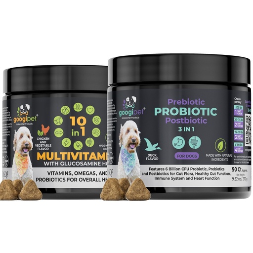 [BRSRMZAYA4OWA3DX] Googipet 2 Pack Bundle - 3 in 1 Probiotics for Dogs + 10 in 1 Multivitamin for Dogs (180 Vitamins)
