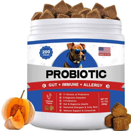 [BRSRGHTYOJ5QOF3D] Probiotics for Dogs Gut Digestive Health Probiotic Chews for Dogs with 11 Billion CFUs, 4 Prebiotics, Pumpkin, Salmon Oil & Yogurt Base| Supports Gas, Yeast Balance & Immune, Dog Probiotics 200ct