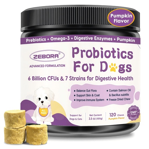 [BRSRABIRA56REYD3] ZEBORA Probiotics for Dogs, Dog Probiotics for Digestive Health, with Pumpkin, Digestive Enzymes, Omega-3, Support Gut, Immune Health, Upset Stomach Relief, Occasional Diarrhea, 120 Freeze Dried Chews
