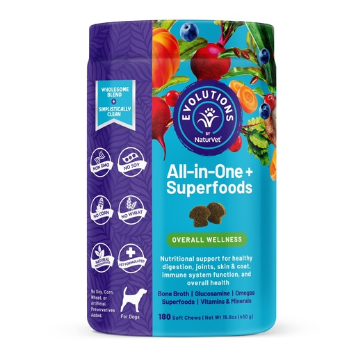 [BRSRMYL4OYMBQAA6] NaturVet Evolutions All-in-One + Superfoods 180ct Soft Chews for Dogs - Bone Broth, Superfoods Provides Nutritional Support for Healthy Digestion, Joints, Skin & Coat, Immune System, Overall Health