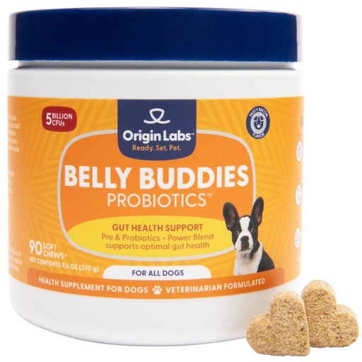 [BRSROGABOV6BUA3P] Origin Labs Belly Buddies - Probiotics for Dogs - Prebiotics & Probiotics - Supports Gut, Skin, and Immune Health - 5 Billion CFUs 7 Strain Probiotic Blend - Natural Bacon Flavor, 90 Soft Chews
