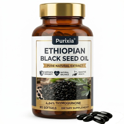 [BRSRGCY3AR5AMCTZ] Ethiopian Black Seed Oil Capsules with 4.64% Thymoquinone, Pure Cold Pressed Black Cumin Seed Oil, 90 Softgels