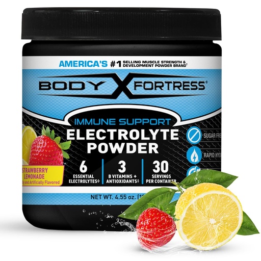 [BRSRECT4A4AWEHTK] Body Fortress Electrolyte Powder Strawberry Lemonade - Rapid Hydration Drink Mix with 6 Essential Electrolytes & 3 B Vitamins - Sugar Free, Keto Friendly, No Color Added, Clear Hydration - 30 Servings