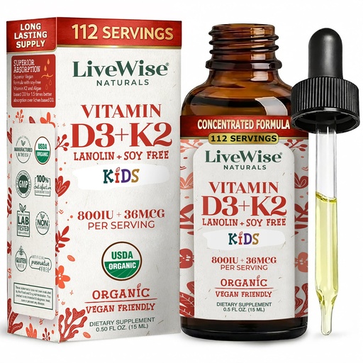 [BRSRECAKBMFWE3QU] Live Wise Naturals Vitamin D3 K2 Kids Liquid Drops - 112 Servings, Ultra Concentrated Formulation, Fast Absorption 800 IU & 35 MCG for Calcium & Bone Support - Daily Nutritional Support Parents Trust