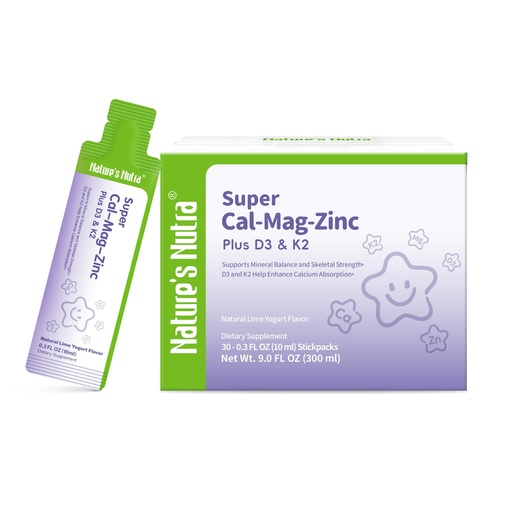 [BRSRGCYCB56GKFLF] Nature's Nutra Super Cal-Mag-Zinc Plus D3 & K2 | Liquid Calcium Magnesium Zinc Stickpacks | with Vitamin D3 & K2 | for Kids & Adults | Natural Lime Yogurt Flavor | 30 Servings