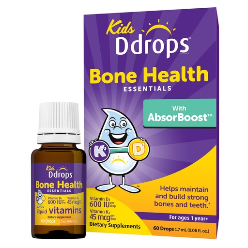 [BRSREAYYO4NBQDTB] Ddrops Kids Bone Health 600 IU Vitamin D3 + 45 mcg K2-60 Drops - Helps Maintain and Build Strong Bones and Teeth. No Artificial Preservatives, No Sugar, Non-GMO, Allergy-Friendly