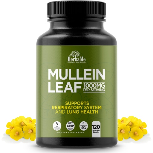 [BRSWYGTRBZYB6CDK] HerbaMe Mullein Leaf 1000mg, 120 Capsules - Daily Respiratory Support Supplement, Supports Breathing Comfort & Mucus Balance, Herbal Lung Support for Smokers, Men & Women