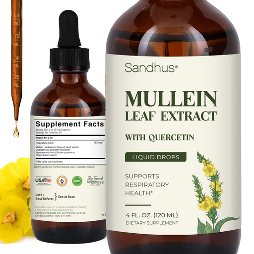 [BRSRAAYRBMFQYALO] Sandhu's Mullein Drops for Lungs | Mullein Leaf Extract Supplement for Immune, Lung & Respiratory Health Support | Alcohol Free, Natural Herbal Tincture | 4 fl oz, 2 Months Supply