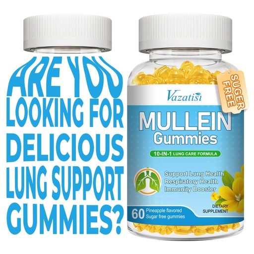 [BRSRAHDQCRYGGYD4] Mullein Gummies, Mullein Leaf Extract for Lungs Gummies with Bromelain, Quercetin, Magnesium - Lung Detox & Cleanse, Pineapple Flavor, 120Cts