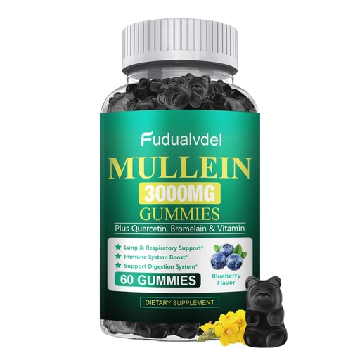 [BRSREELYBUAR42QV] 3000mg Organic Mullein Gummies - Contains Mullein Leaf Extract, Supplement Breathing with Quercetin and Bromelain, Immune Support, 60 Cts