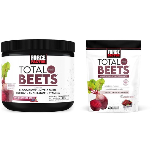 [BRSROAIPCRYGC2Q6] Force Factor Total Beets Drink Mix Superfood Powder with Nitrates to Support Circulation,Blood Flow & Total Beets Soft Chews with Beetroot, Nitrates, L-Citrulline, Grapeseed Extract