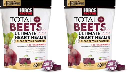 [BRSRGGQKCIOQ2ALJ] Force Factor Total Beets Ultimate Heart Health Chews for Blood Pressure Support,with Beetroot Powder,CoQ10,B Vitamins & Grapeseed Extract for Blood Flow & Energy,Black Cherry,60 Soft Chews,(Pack of 2)