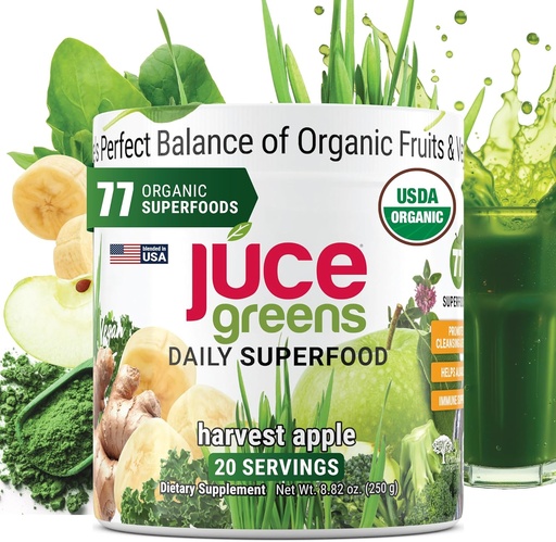 [BRSWGFT6DINRUDLX] Terra Kai Organics JUCE Green Superfood Powder, Organic Fruits and Veggies Supplement W/ 77 Superfoods Plus Prebiotic Probiotic Blend, Harvest Apple Flavor - 20 Servings (250 g)